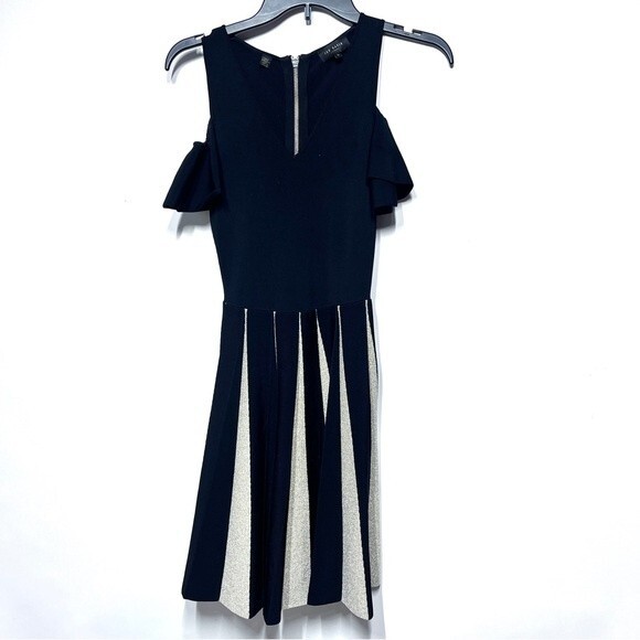 Ted Baker Wytney Cold-shoulder Skater Dress in Black and Gold 2 NWOT - Picture 7 of 13